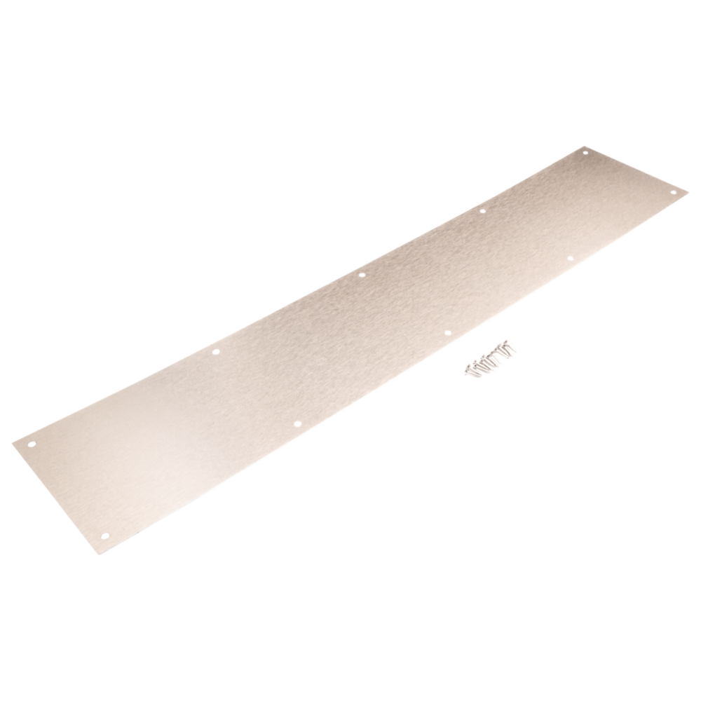 Satin nickel aluminum door kickplate with mounting screws for decorative protection in home improvement projects