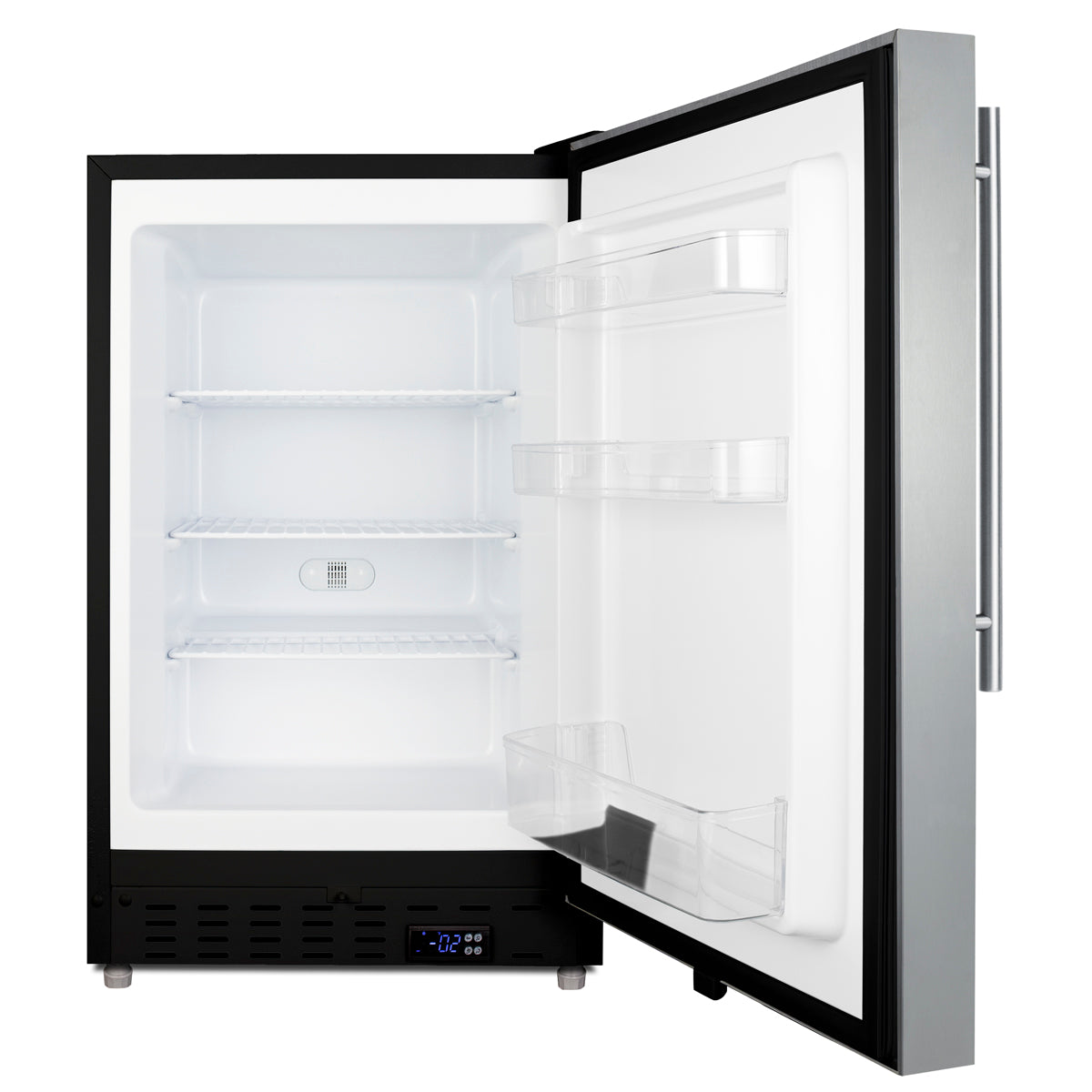 Open stainless steel built-in all-freezer with interior shelves and clear door bins from freezer appliances collection
