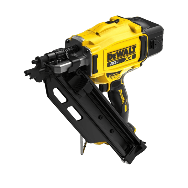 Cordless yellow and black brushless framing nailer designed for home improvement and woodworking projects