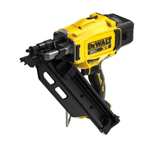 Cordless yellow and black brushless framing nailer designed for home improvement and woodworking projects