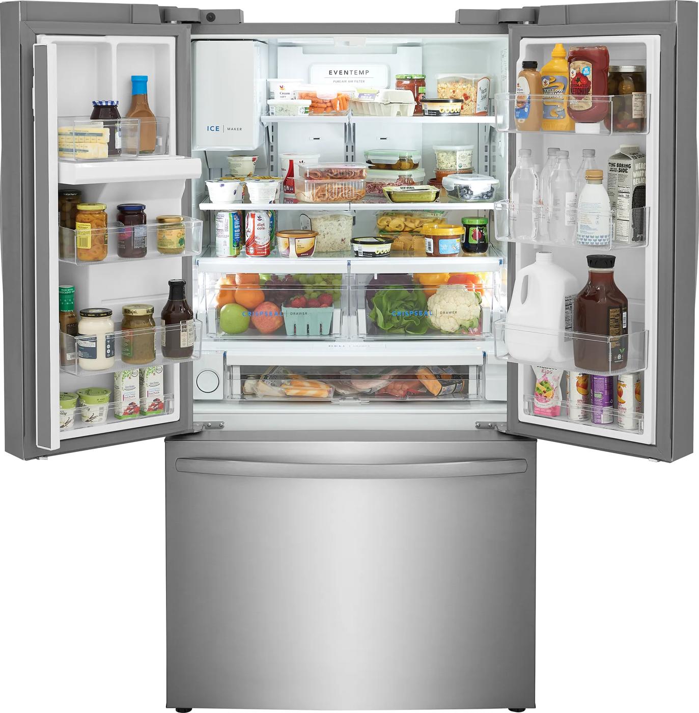 Open stainless steel French door refrigerator with organized shelves, crispers, deli drawer, and ample door storage in Appliances collection