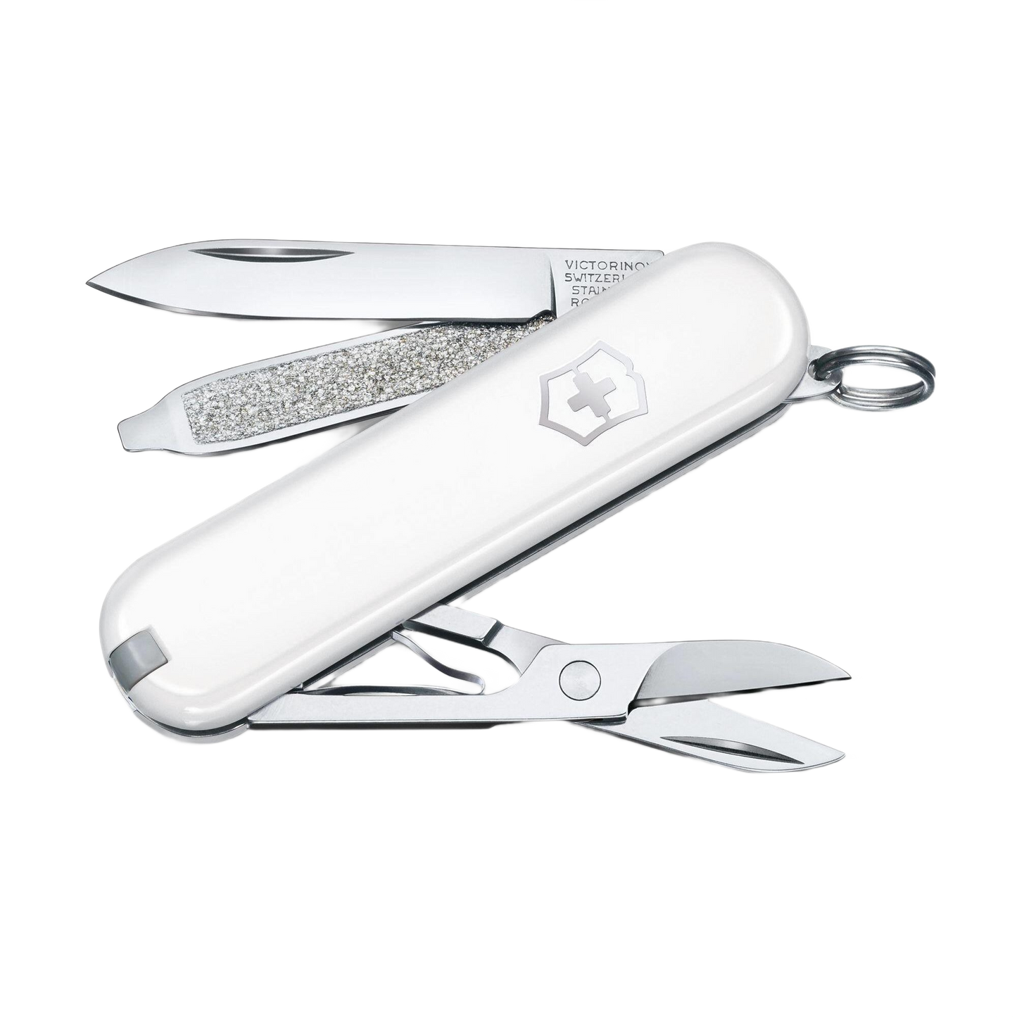 Compact white Swiss Army pocket knife with multiple blades, scissors, and nail file in cutting and hand tools collections under $50