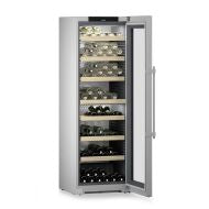 Sleek freestanding dual-zone wine cooler with glass door and wooden shelves storing various wine bottles, featured in Refrigerators and Beverage Centers collections.
