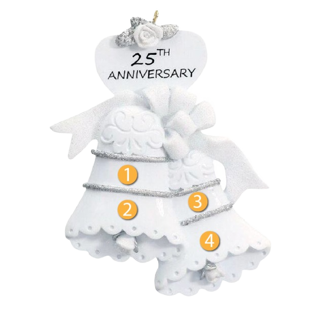White wedding bells ornament with silver accents and "25th Anniversary" heart for Christmas tree decoration