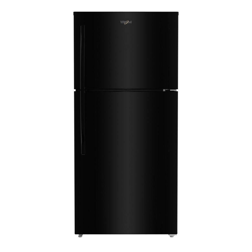 Black top freezer refrigerator with smooth finish and vertical handle in kitchen and appliance collections