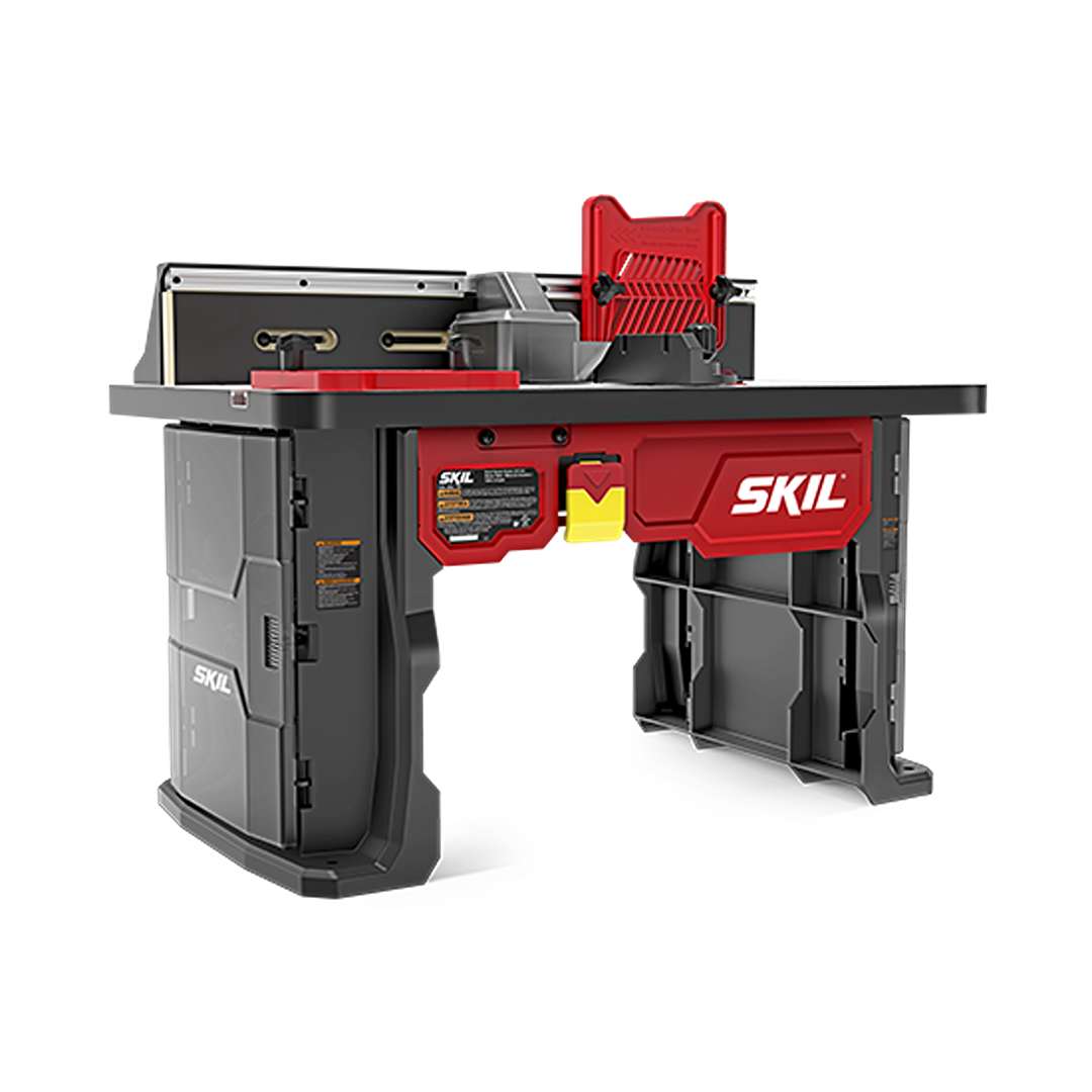 Compact benchtop woodworking router table with sturdy red and gray design for home improvement and router tool collections