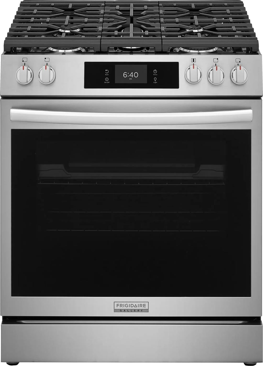 30-inch stainless steel gas range with front controls, digital display, and cast iron grates from Ranges & Cooktops collection