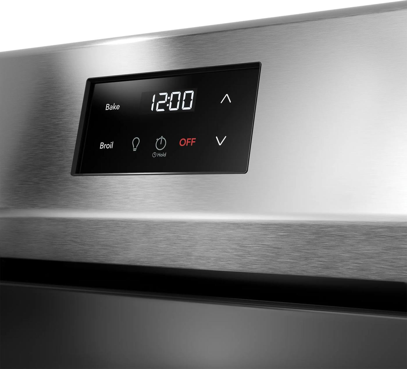 Digital control panel on stainless steel electric range showing bake and broil settings in Ranges & Cooktops collection