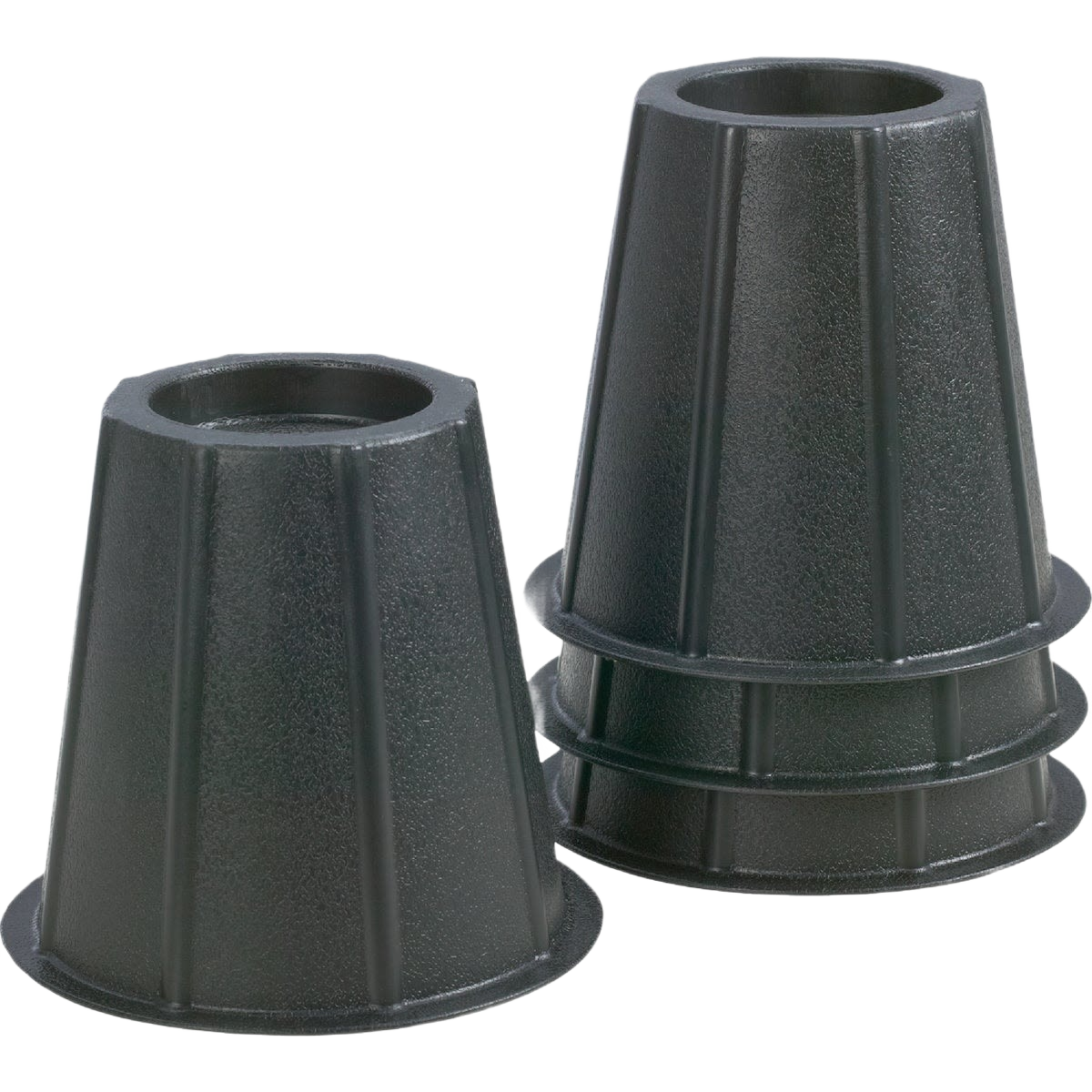 Set of four black plastic furniture risers adding 5 inches of clearance for storage and cleaning in home hardware collections