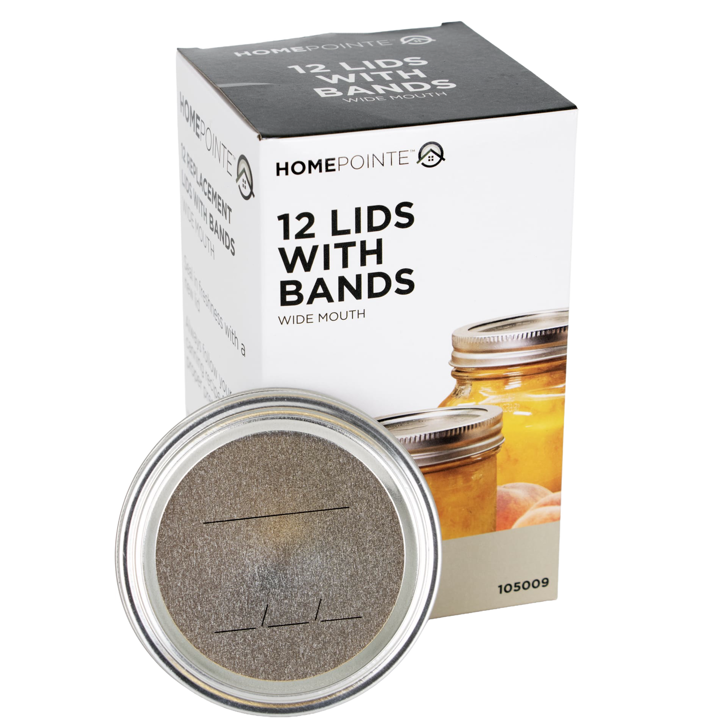 Box of 12 wide-mouth metal lids and bands with preserved jars pictured in Kitchenware under $50 collection