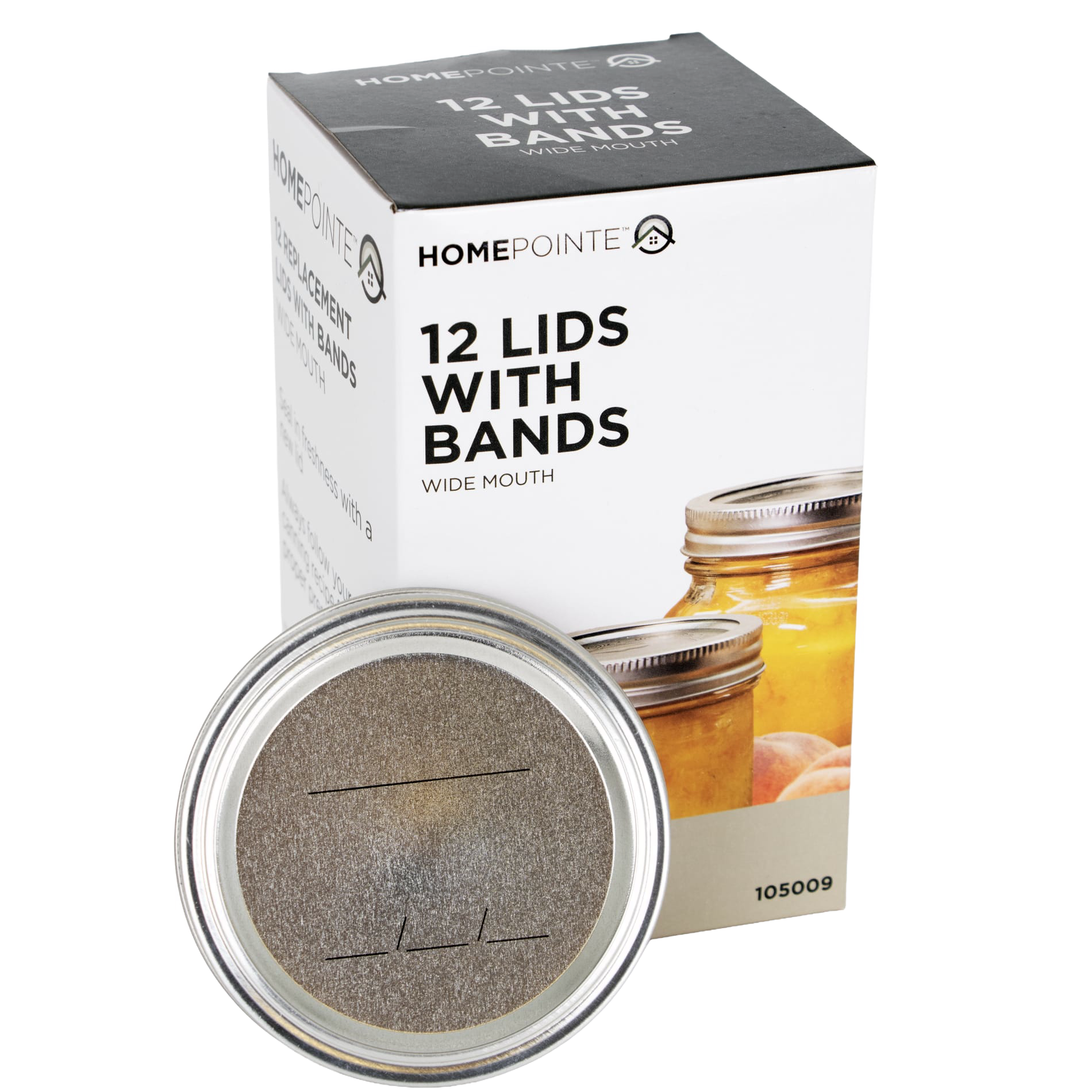 Box of 12 wide-mouth metal lids and bands with preserved jars pictured in Kitchenware under $50 collection