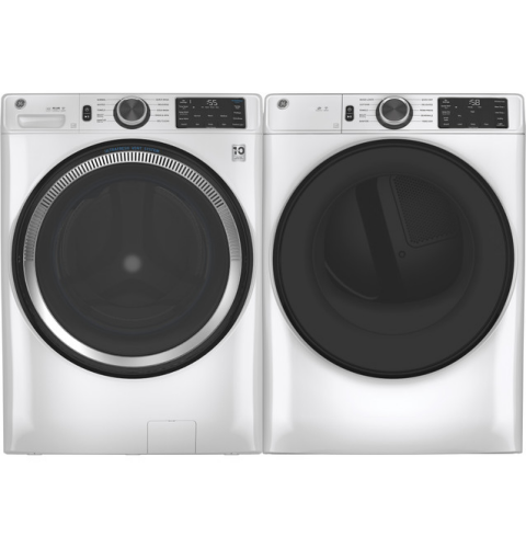 Set of sleek white front-load washer and smart electric dryer with digital controls in washers and dryers collection