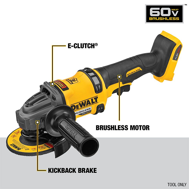 Yellow and black cordless grinder with brushless motor, E-Clutch, and kickback brake for tools and home improvement use