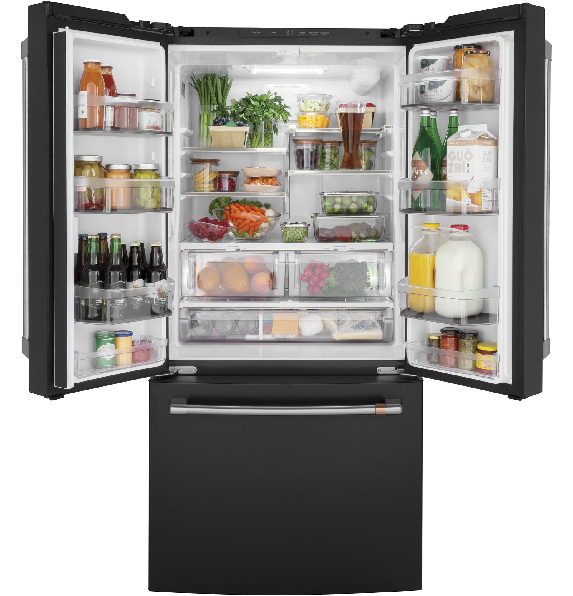 Open black counter-depth French-door refrigerator with organized fresh produce and beverages in kitchen appliances collection