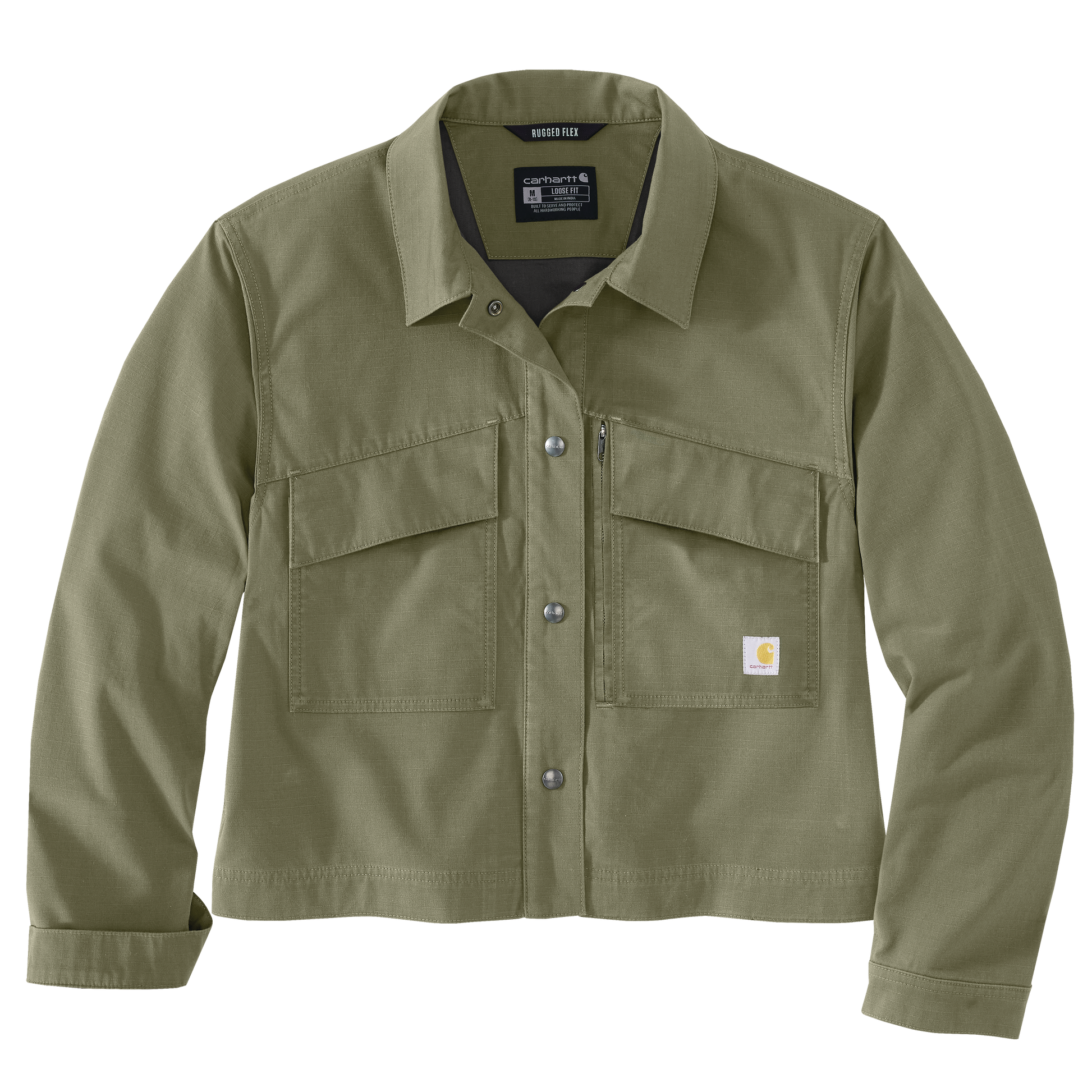 Olive green women's cotton-blend ripstop utility jacket with relaxed fit, multiple front pockets, and snap-button closure from Carhartt’s collection.