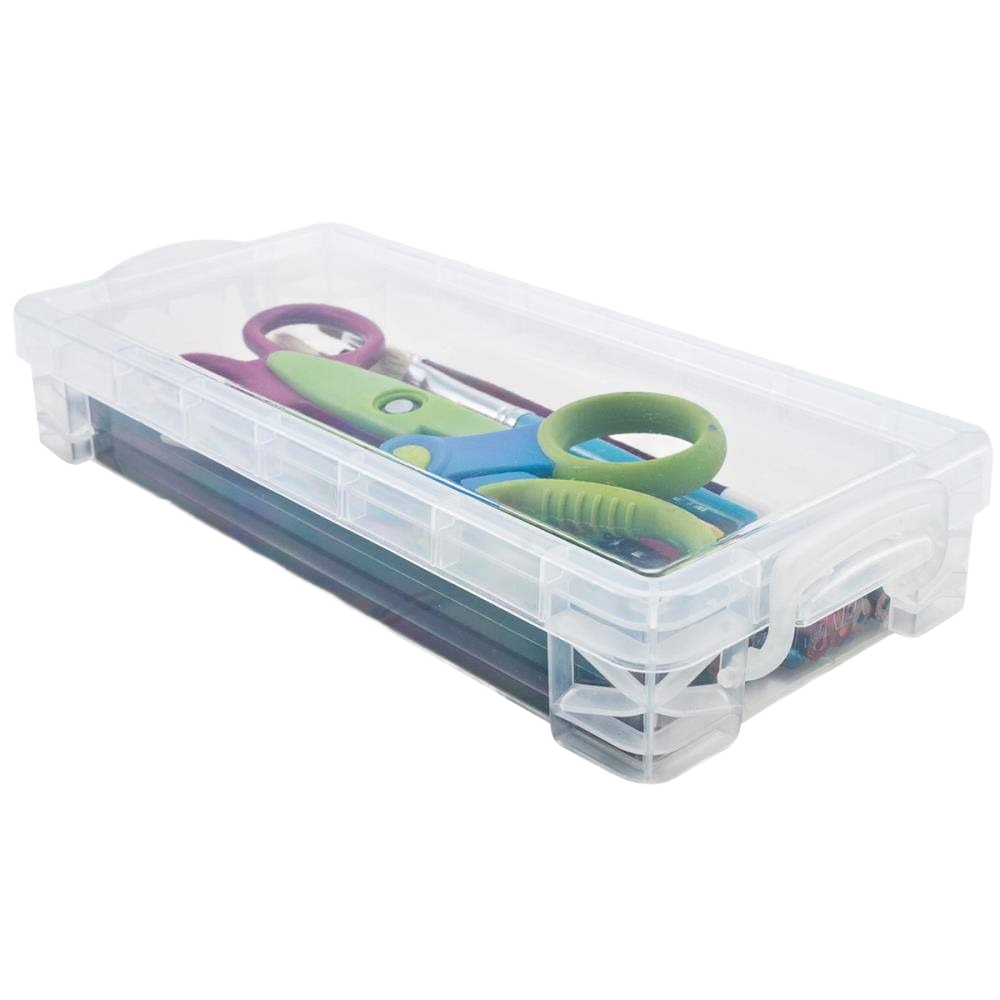Clear stackable storage case with snap closure holding scissors and small office or home improvement tools