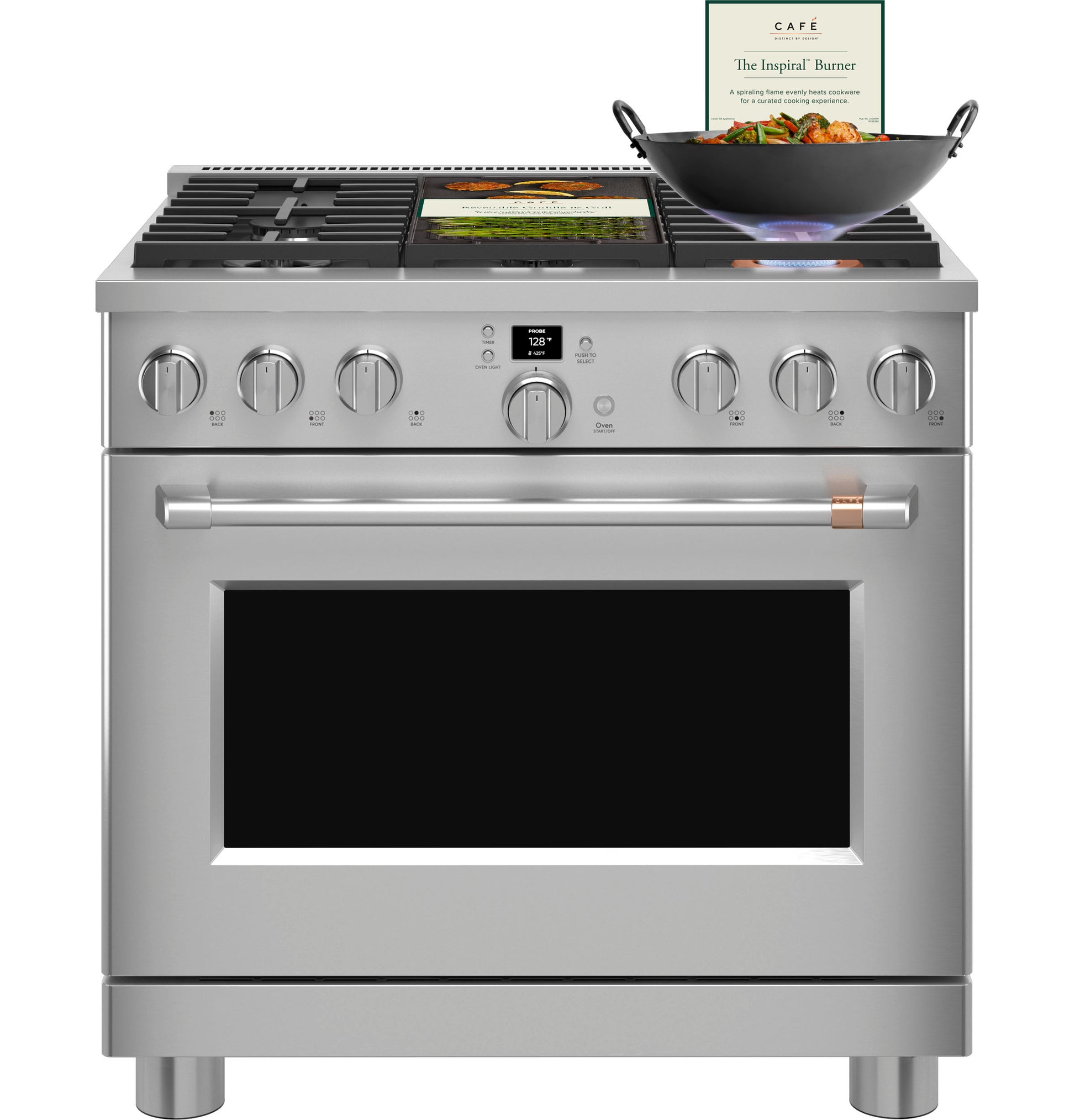Stainless steel smart all-gas range with six burners and lit burner cooking food with wok in modern kitchen setting