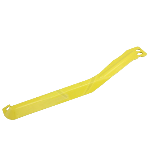 Yellow metal mower deck guard designed to protect lawn mower components during use and maintenance