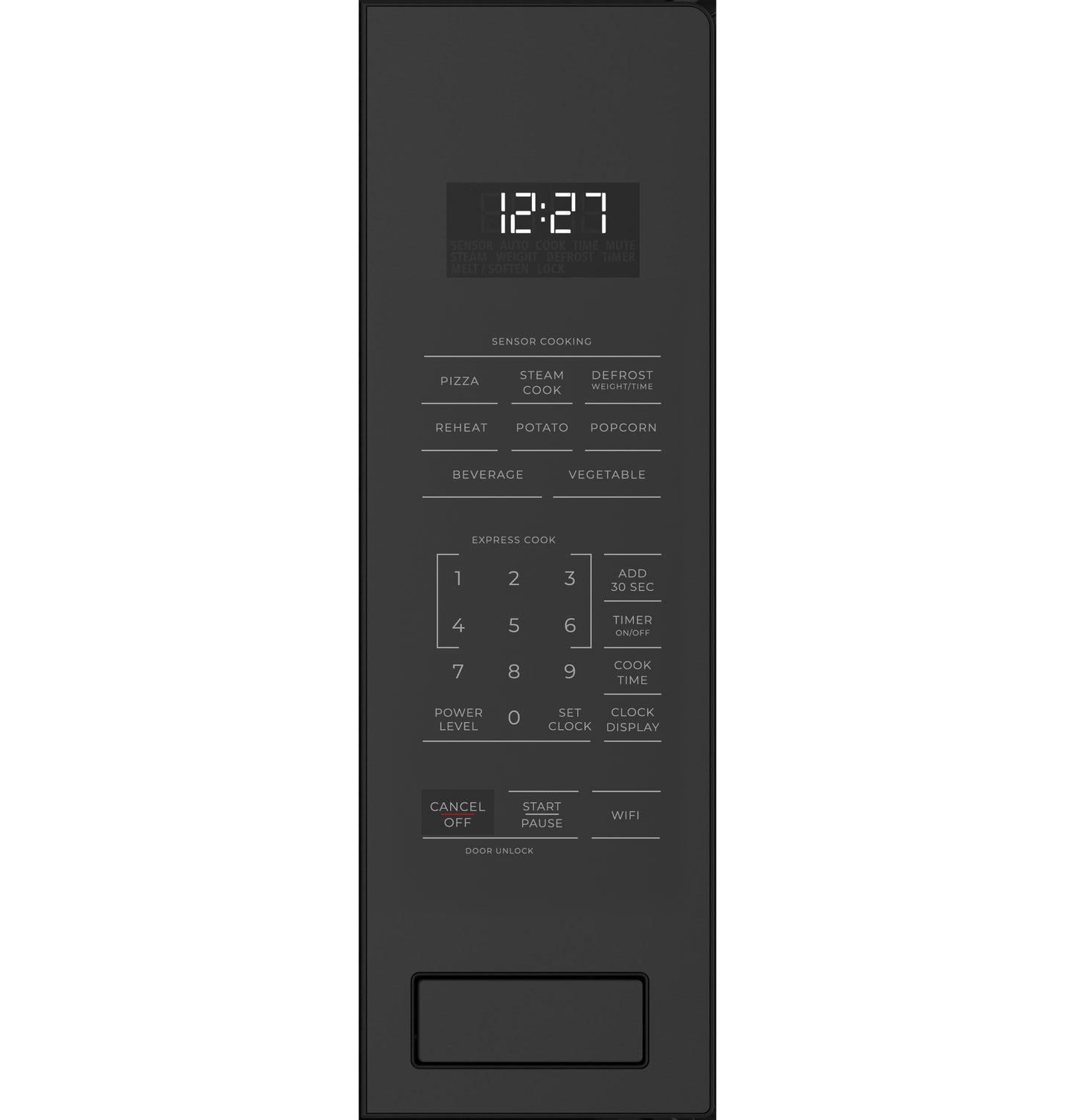 Black microwave control panel with digital clock and sensor cooking options from built-in microwaves collection