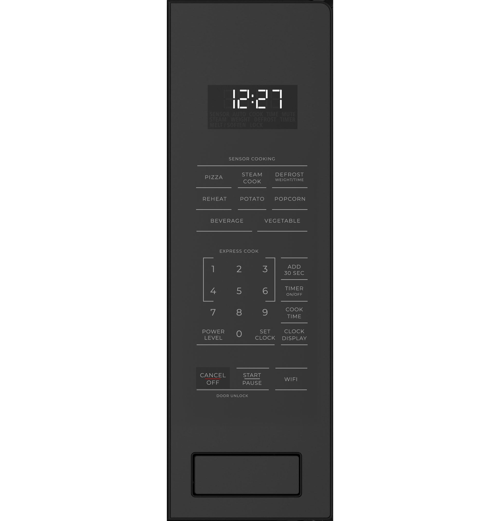 Black microwave control panel with digital clock and sensor cooking options from built-in microwaves collection