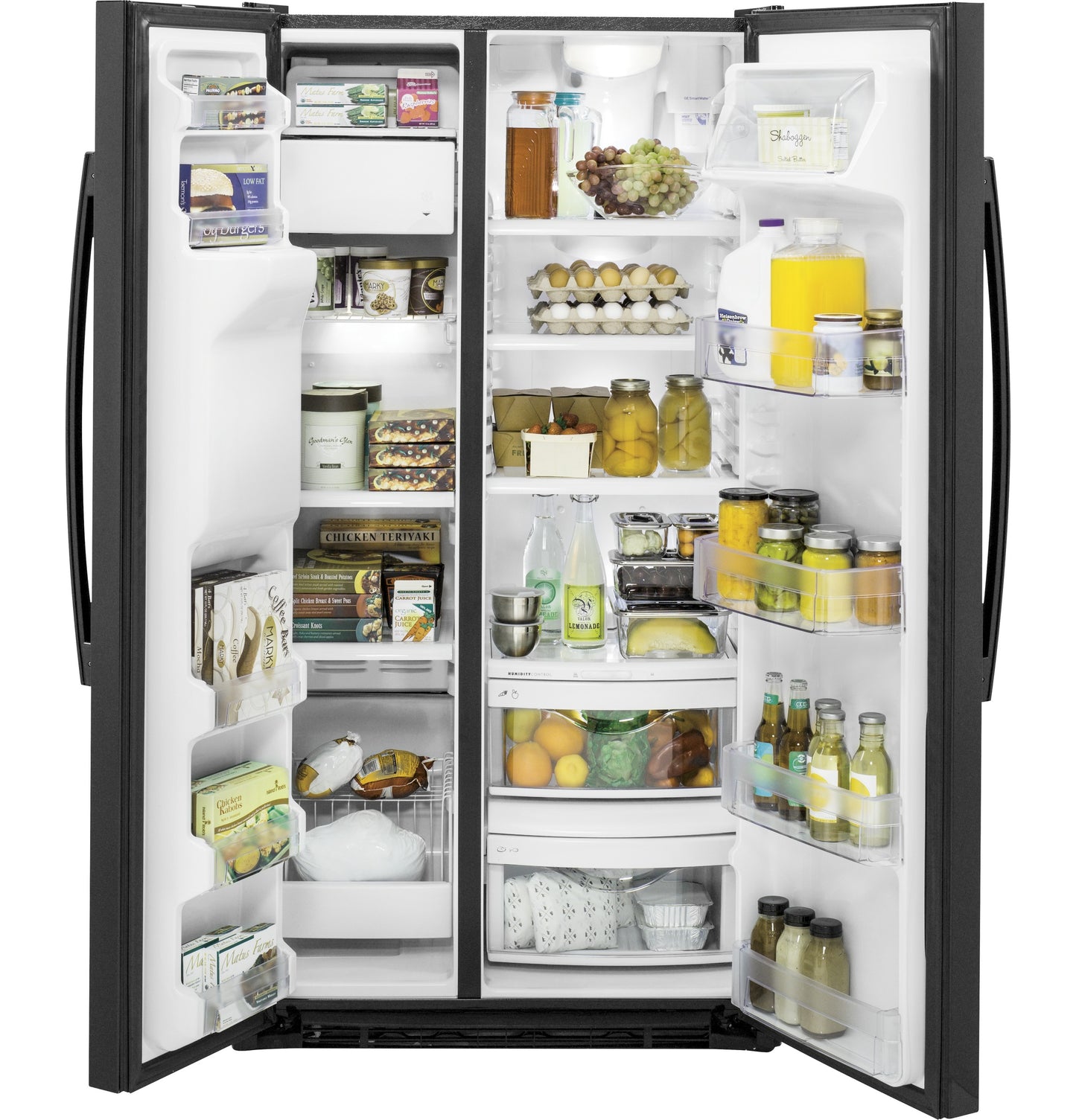 Open black side-by-side refrigerator with organized shelves featuring beverages, produce, and pantry items in kitchen appliances collection