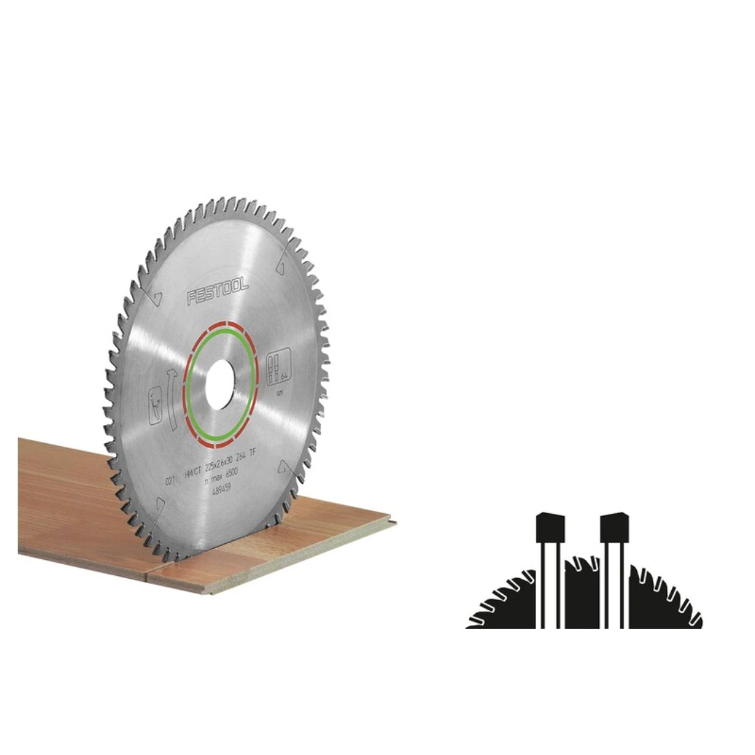 Silver circular saw blade with multiple teeth mounted on laminate wood for home improvement tasks
