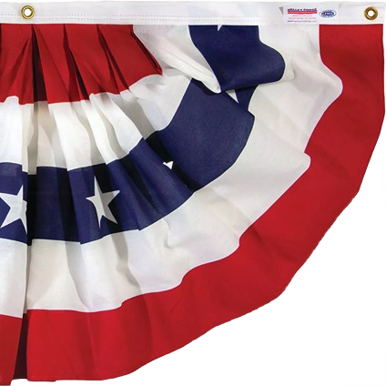 Red, white, and blue pleated fan flag bunting with brass grommets for outdoor decor in lawn and garden collections