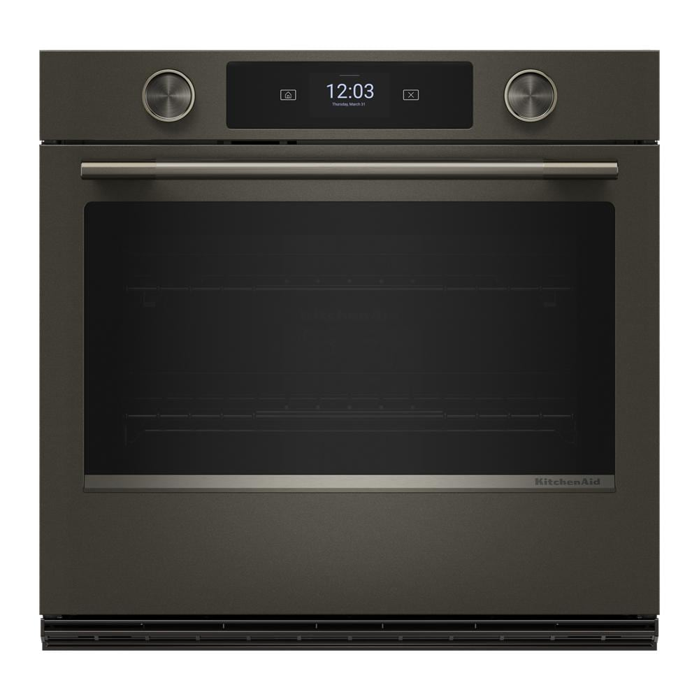 Front view of a black ore 30-inch smart electric single wall oven with touchscreen display, dual control knobs, and stainless steel handle, part of Single Wall Ovens, Wall Ovens, Kitchen & Kitchenware, KitchenAid, Appliances, and Home Improvement collections.