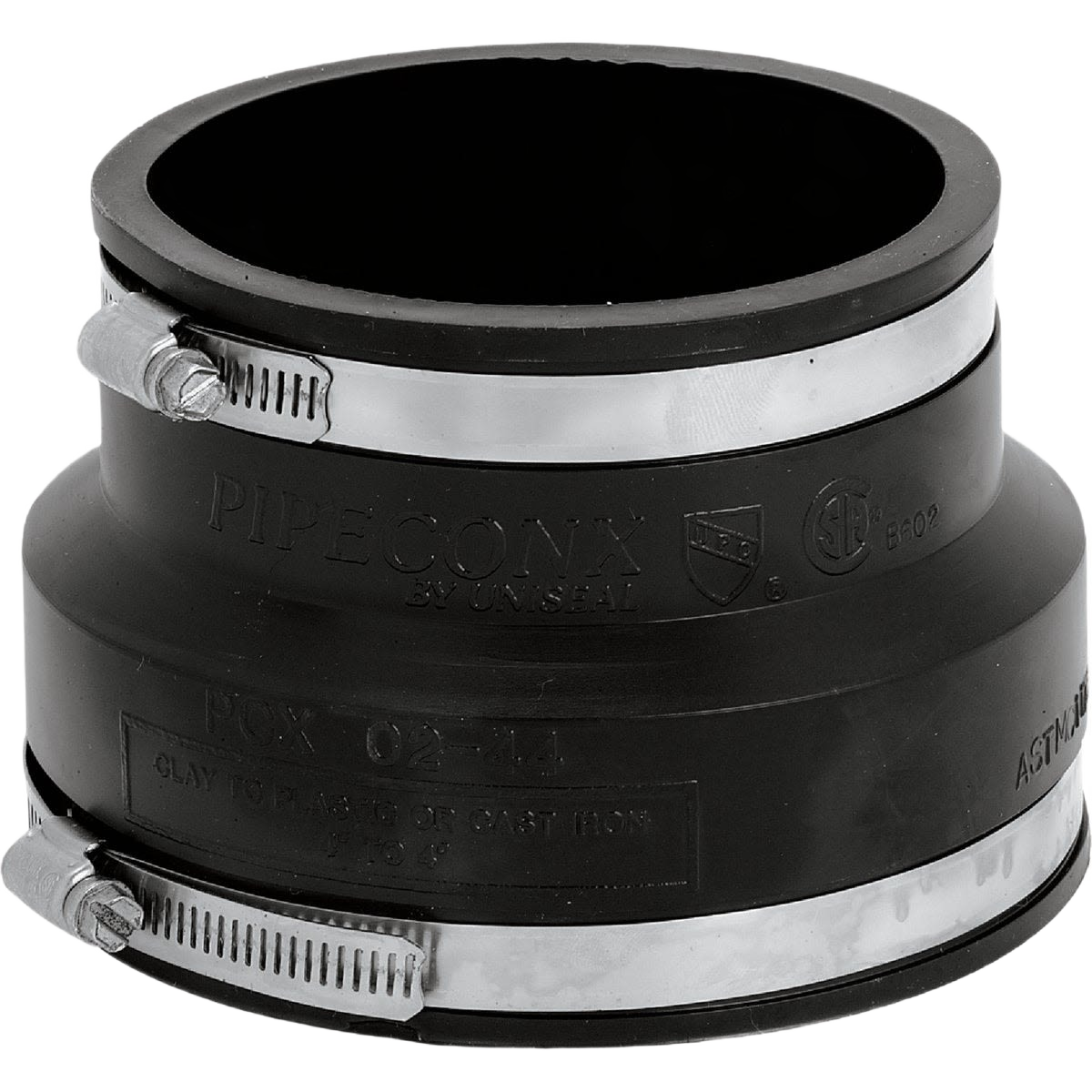 Flexible black PVC coupling with metal clamps for connecting clay, cast iron, or plastic pipes in plumbing tasks