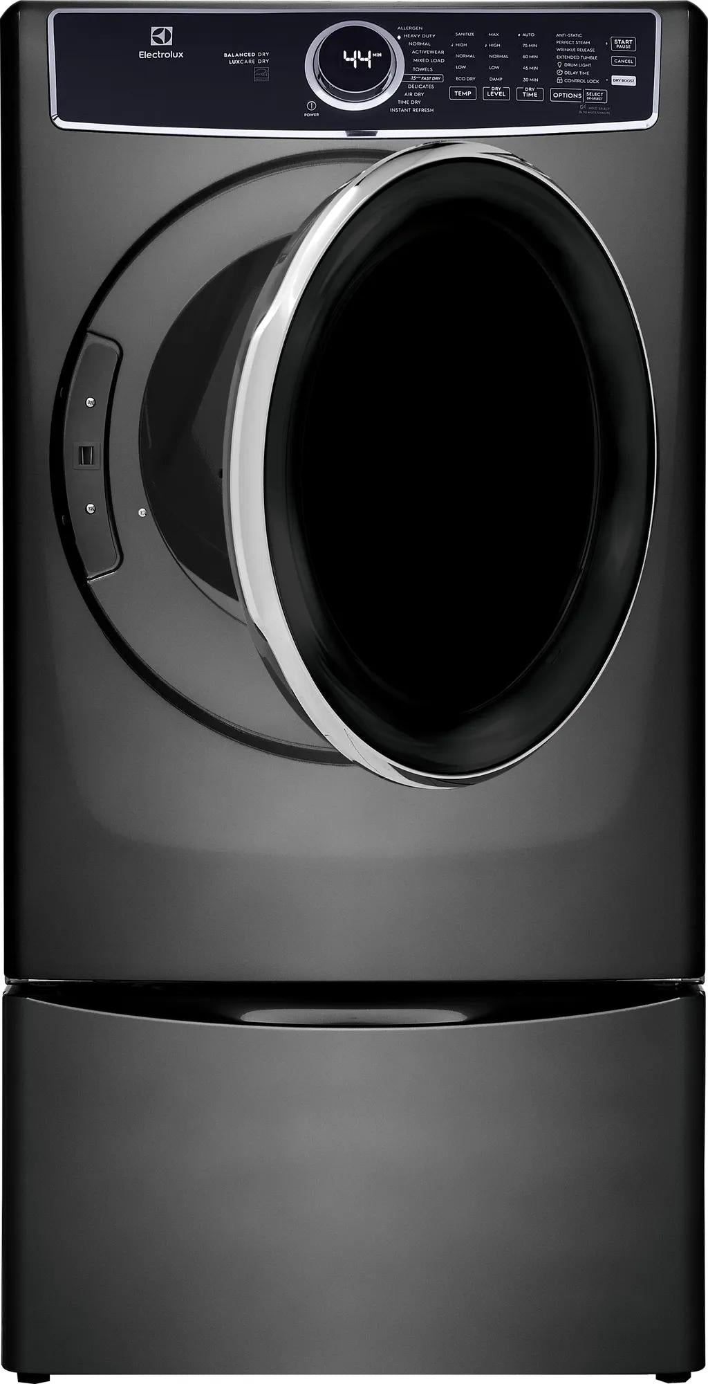 Front load black electric dryer with digital display and chrome-trimmed door in dryers and appliances collection