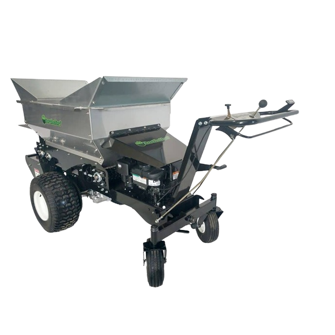 Compact landscaping topdresser with steel hopper and adjustable controls, designed for efficient topdressing in rental equipment at Hartville Hardware.
