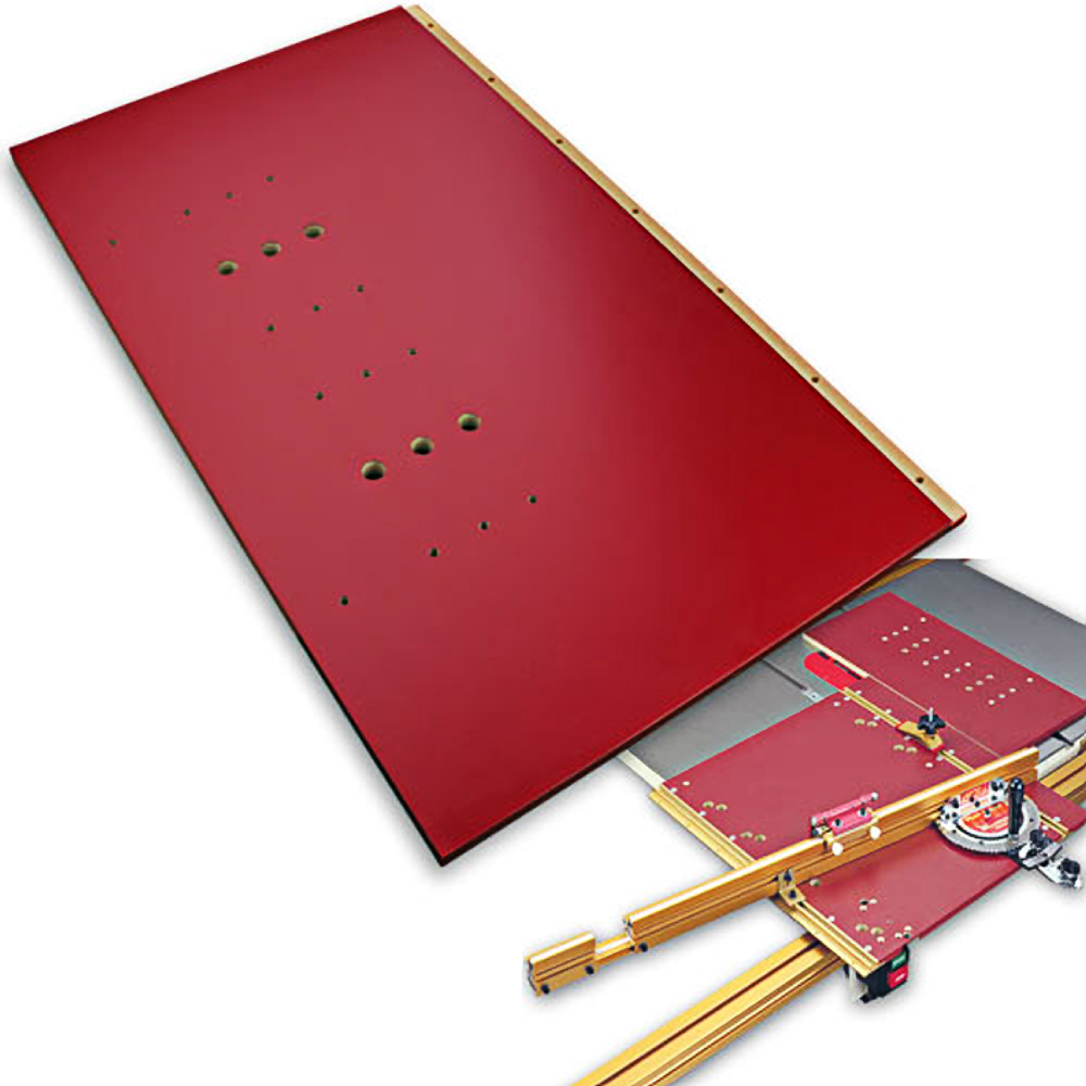 Red replacement support panel with pre-drilled holes for sliding cut-off table in saw accessories under $100 collection.