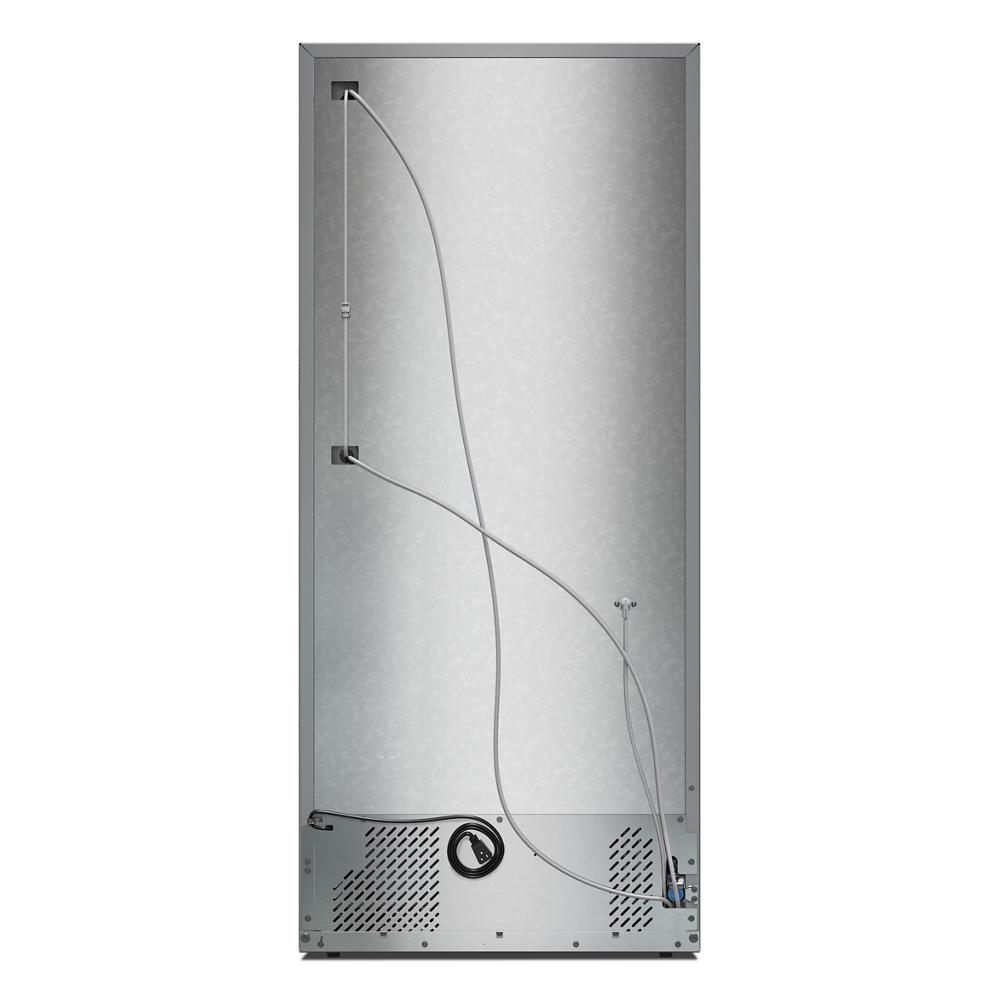 Rear view of stainless steel French door refrigerator showcasing ventilation and wiring components from KitchenAid appliances collection