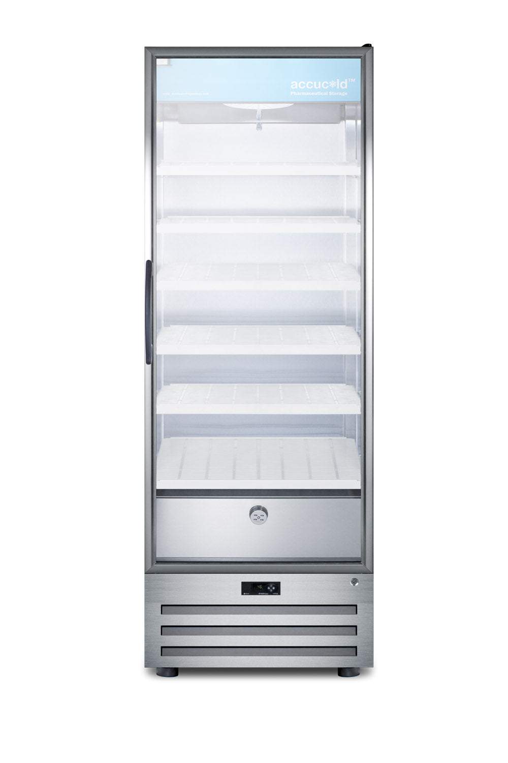 Commercial-grade pharmacy refrigerator with glass door, stainless steel base, and multiple adjustable shelves in appliances collection