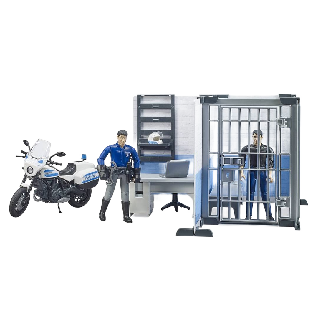 Police officer figure standing by desk and motorcycle with suspect figure inside small jail cell playset