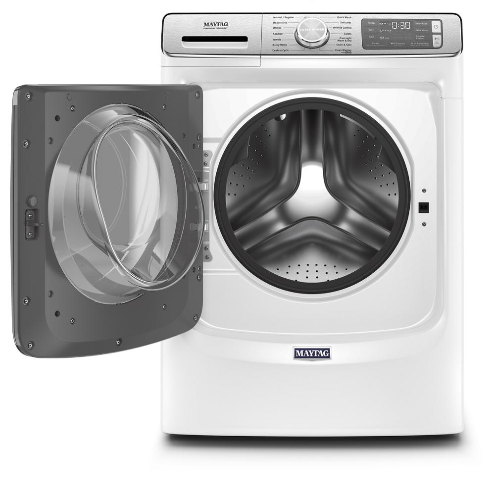 Front view of white smart front load washer with open door showing stainless steel tub in washers and appliances collection