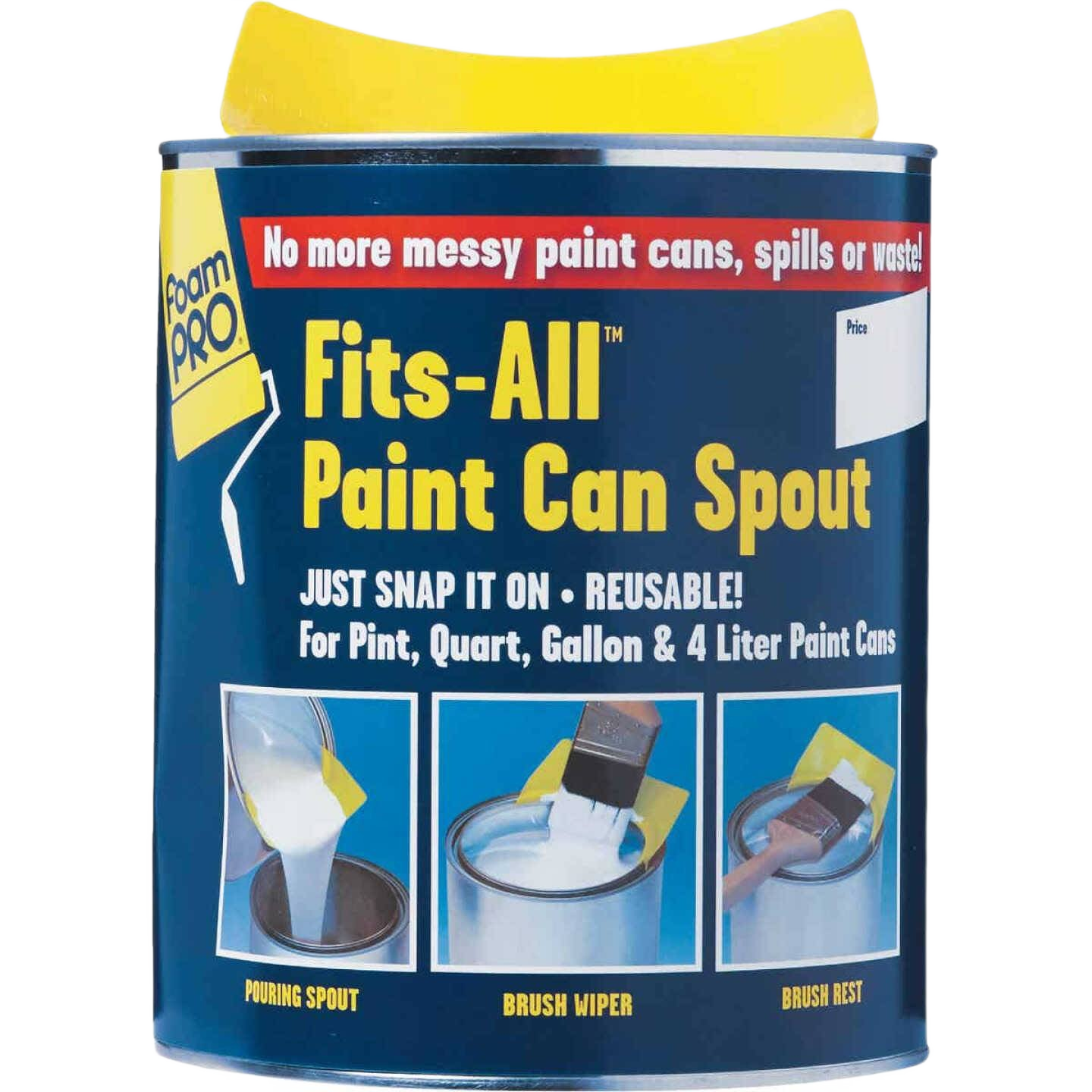 Yellow snap-on paint can spout designed to prevent spills and drips for multiple paint can sizes in home improvement tasks