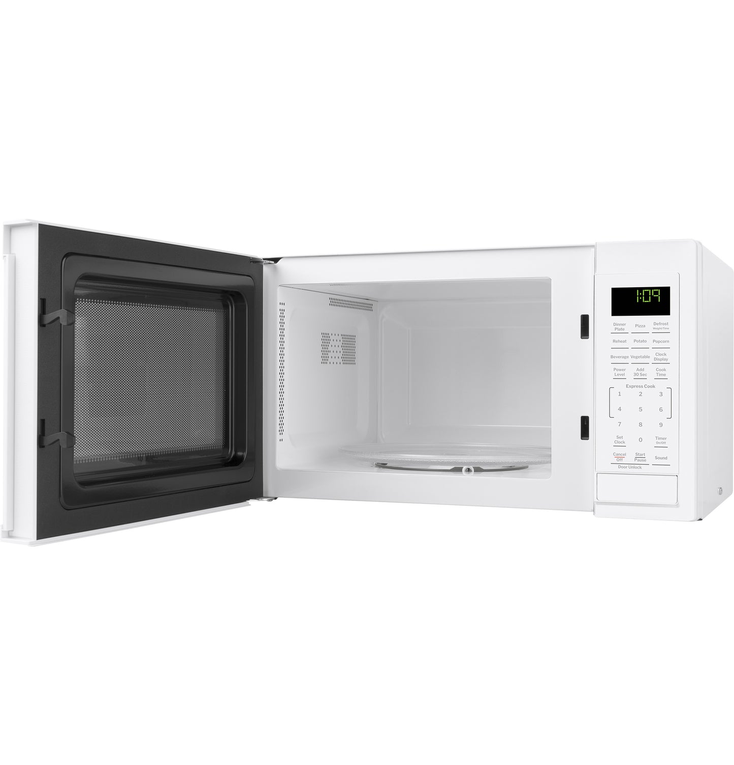 White countertop microwave with open door showing interior cavity and digital control panel from Microwaves collection