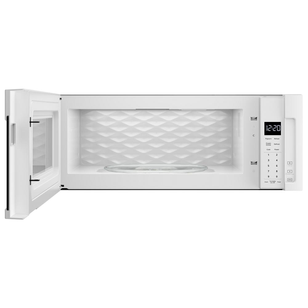 White over-the-range microwave with open door, digital control panel, and patterned interior from kitchen appliances collection