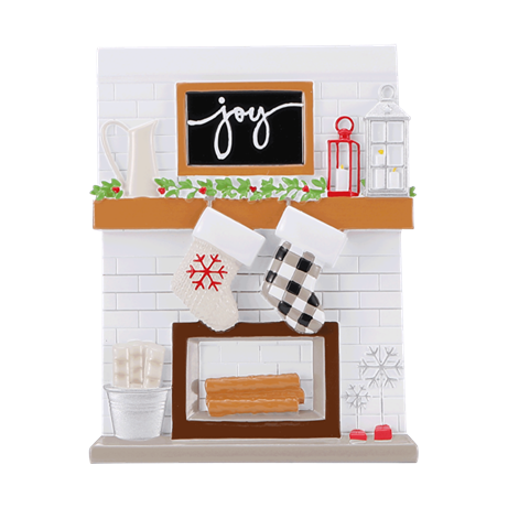 Cozy fireplace mantle ornament with hanging stockings, holiday lanterns, and "joy" sign from Christmas Ornaments collection under $50
