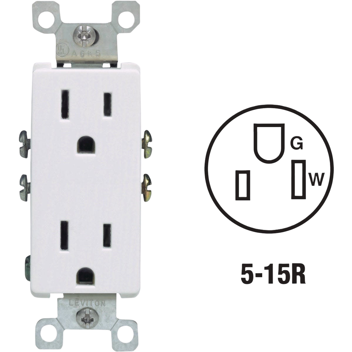 White residential grade 15 amp duplex electrical outlet with quickwire push-in and side wiring for home improvement projects