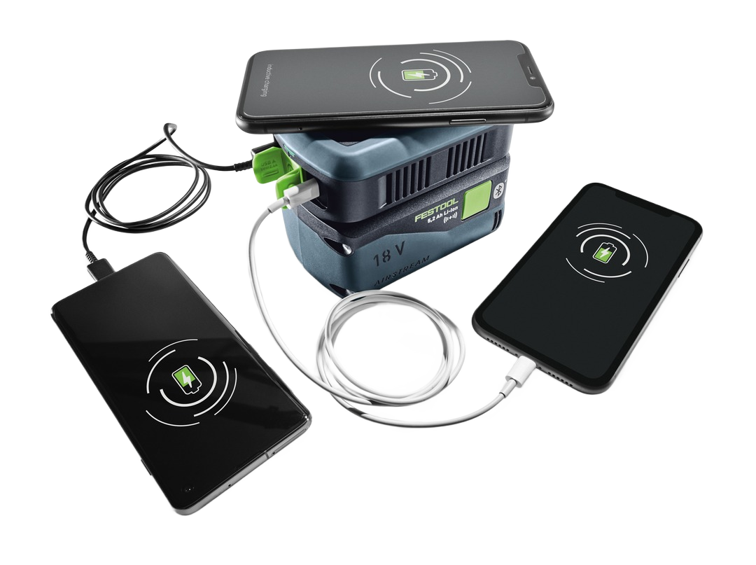 Festool 18V battery connected to charger powering multiple smartphones with cables and wireless charging pad in tool accessories.