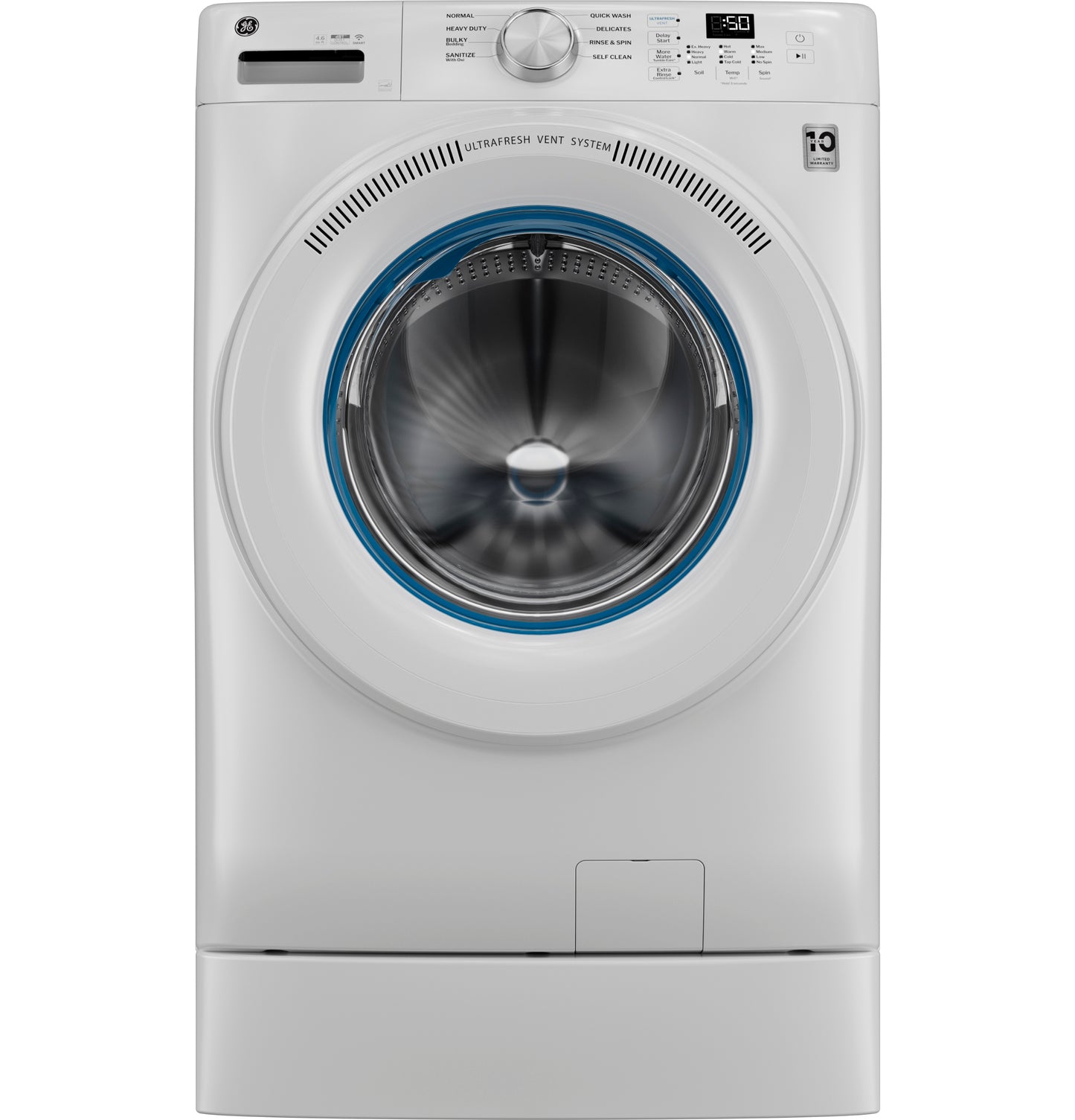 White smart front load washer with digital controls, large circular door, and UltraFresh Vent System in washers and appliances collection