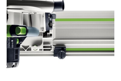 Close-up of a Festool guide rail fastening clamp attached to a silver aluminum woodworking saw track accessory