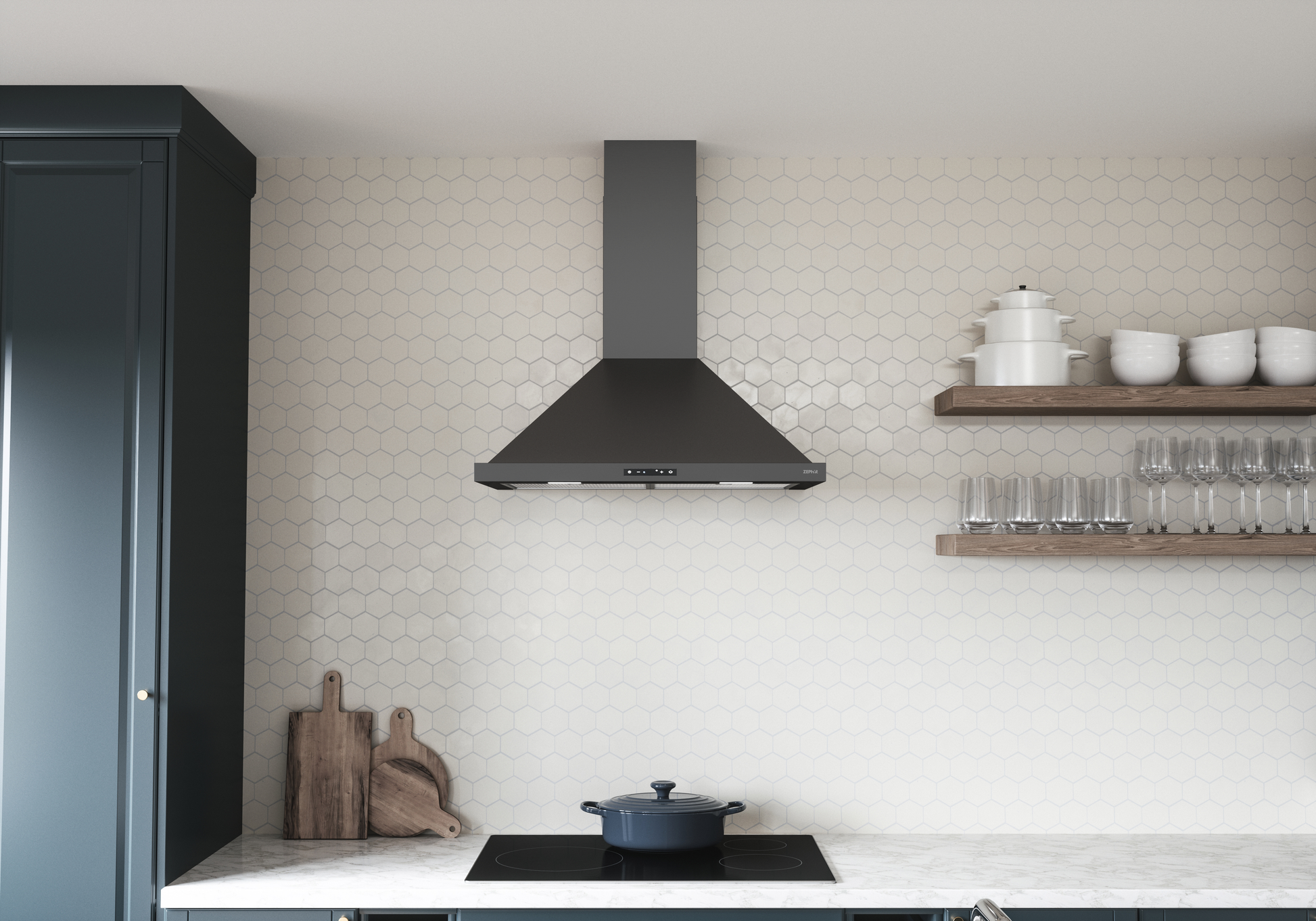Matte black chimney hood with LED display above induction cooktop in kitchen appliances and range hoods collections