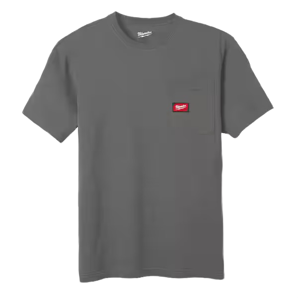 Gray short sleeve t-shirt with chest pocket and red Milwaukee logo patch for tools and home improvement tasks