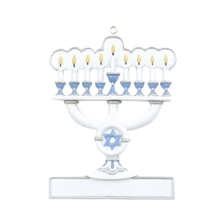 Blue and white menorah ornament with lit candles and Star of David from Christmas Ornaments & Tree Decorations under $50 collection