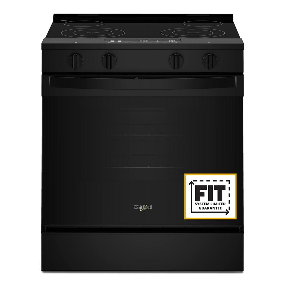 Black electric range with four burners, front control knobs, and oven door featuring system limited fit guarantee badge