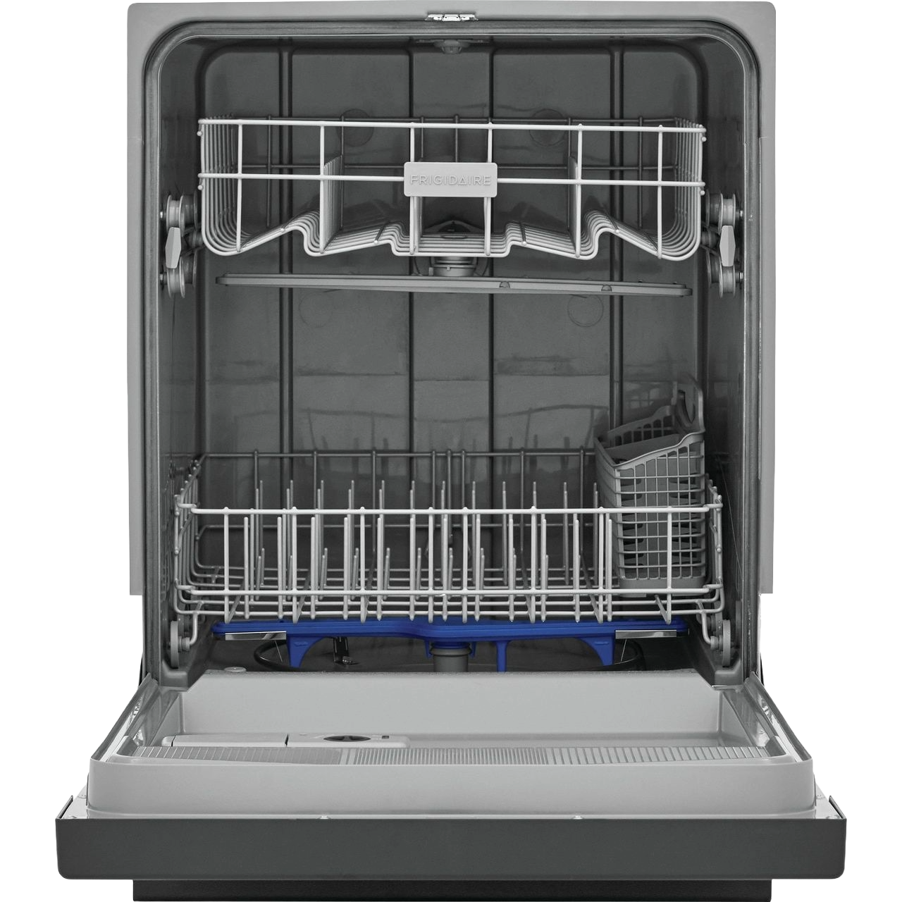 Open built-in dishwasher with two rack levels and utensil basket in stainless steel interior for kitchen appliances