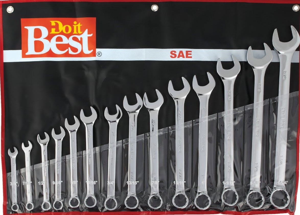 Set of polished steel 12-point combination wrenches neatly organized in a roll-up pouch for tools and home improvement tasks